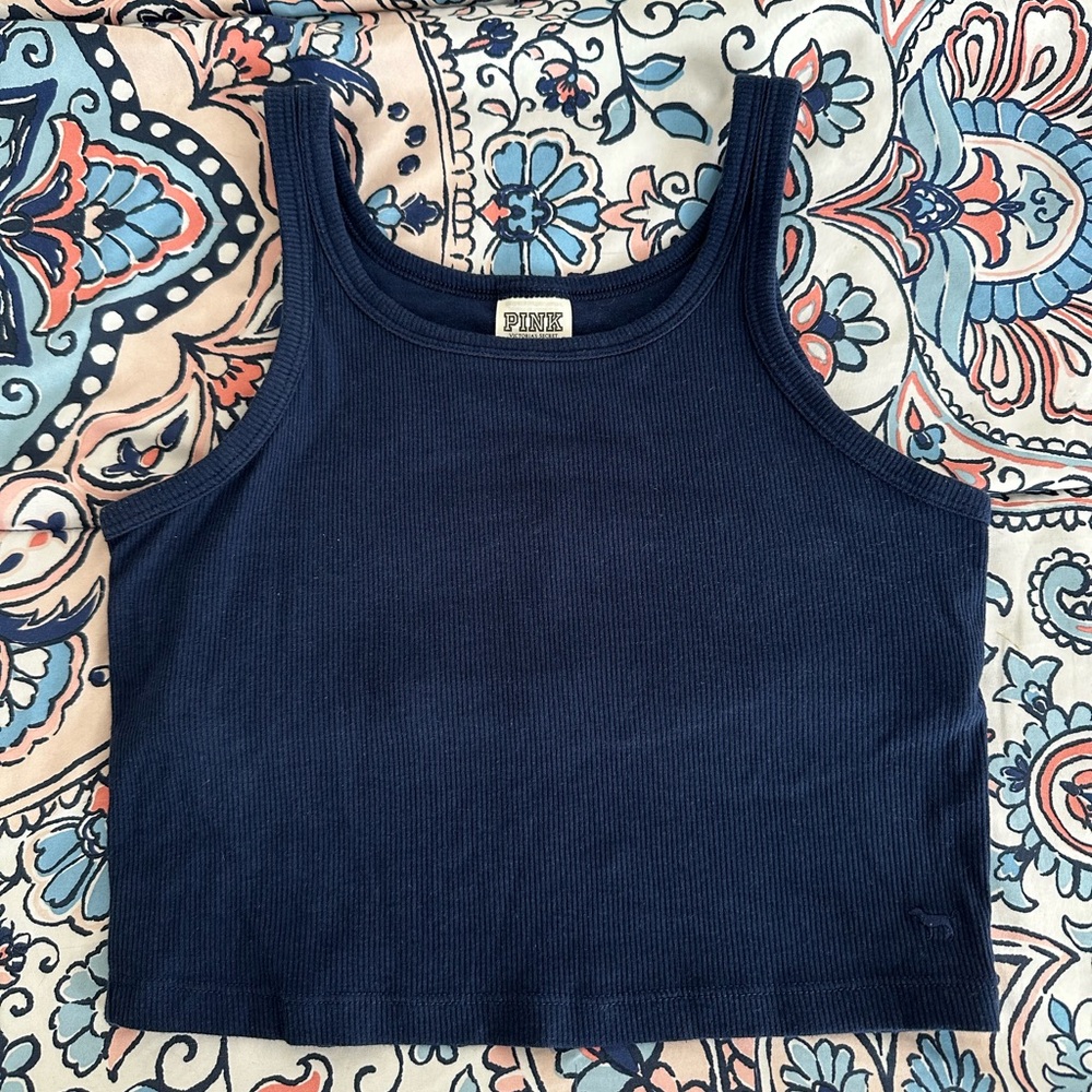 Rib Cropped Navy Blue Tank Top